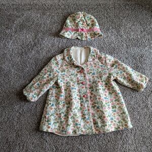 Vintage 1970s Satin Lined Girls Jacket With Matching Hat Floral Pattern